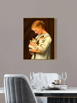 Нарисованная от руки, заполненная вручную, Цветная картина с изображением кошек и девочек акриловым маслом под пониженным давлением
