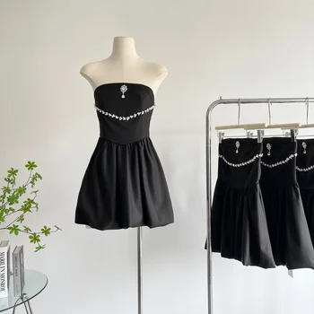 Новое модное джинсовое черное платье без бретелек 2023 года без рукавов с открытой спиной для вечеринки y2k Sexy Mini Dresses