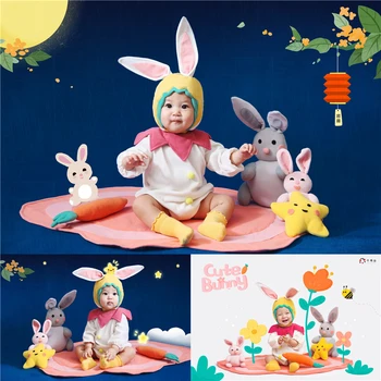 Новорожденный ребенок фотография реквизит Кролик наряд с шапка 2шт Кролик середины осени Луна кукла морковь студийной съемки фото реквизит