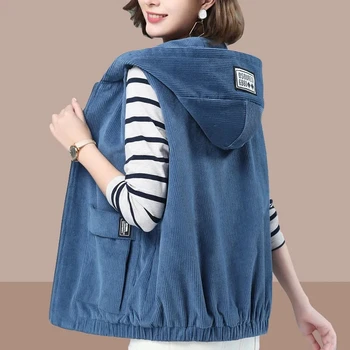 Новые женские Демисезонные Вельветовые короткие жилеты 2023 года, женская Корейская версия, универсальная свободная куртка с капюшоном, Женская Повседневная верхняя одежда