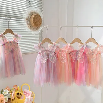 Новые сетчатые платья с радужными крыльями Для девочек, Летние летящие рукава, Детское платье принцессы, Детская пышная юбка, Детский День рождения, праздничное платье
