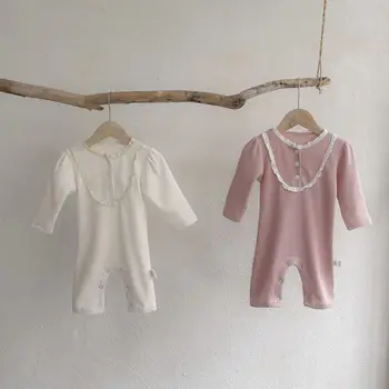Новый детский кружевной комбинезон с длинными рукавами и вафлями для девочек, однотонный повседневный комбинезон для мальчиков, модная цельная осенняя одежда для новорожденных на открытом воздухе