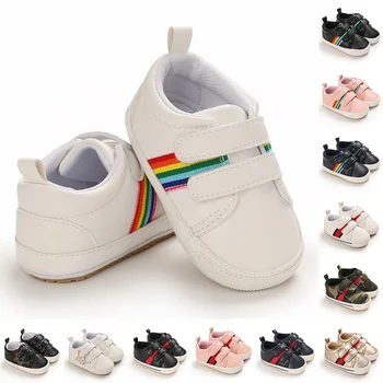Обувь для новорожденных Мальчиков и девочек, обувь для малышей, Кроссовки для малышей из искусственной кожи, Резиновая Нескользящая Мягкая Подошва, Первые Ходунки для младенцев 0-18 Месяцев