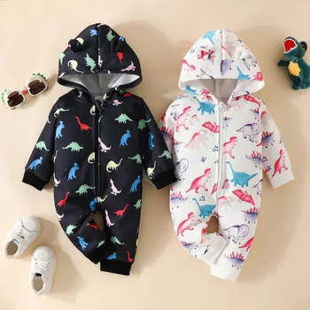 Осенняя одежда для маленьких мальчиков и девочек, детские комбинезоны с длинным рукавом и принтом динозавра, комбинезон с капюшоном на молнии, зимняя одежда для новорожденных 0-18 месяцев