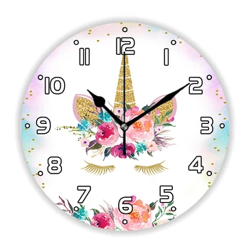Пастельные цветочные настенные часы с лицом единорога и ресницами, часы для спальни девочки, детская, Акварельные цветы Единорога, настенное искусство, домашний декор