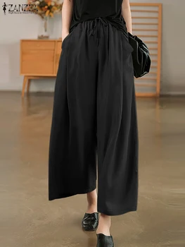 Повседневные Свободные брюки с эластичной резинкой на талии ZANZEA, модные широкие брюки, женские 2023, осенние укороченные брюки с завязками на талии, капри для отдыха