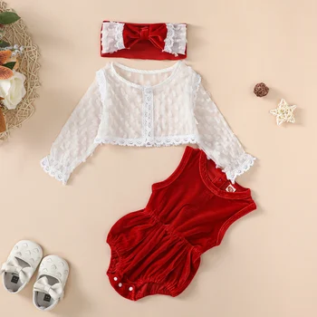 Рождественская одежда для маленьких девочек, бархатный комбинезон без рукавов и сетчатый кардиган с длинными рукавами, повязка на голову, наряды из 3 предметов
