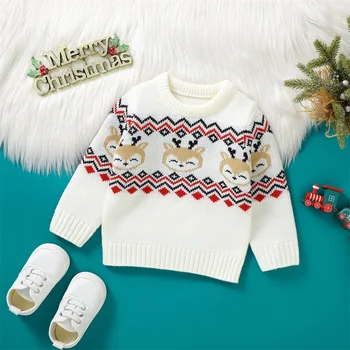 Рождественские Свитера для новорожденных девочек и мальчиков, Трикотажные пуловеры с милым принтом Оленя, Топы для малышей, толстовки