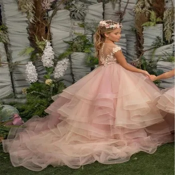 Розовое пушистое кружевное платье с цветочным узором для девочек-цветочниц, Детские платья для свадебной вечеринки, Новая детская одежда, платье принцессы для первого причастия