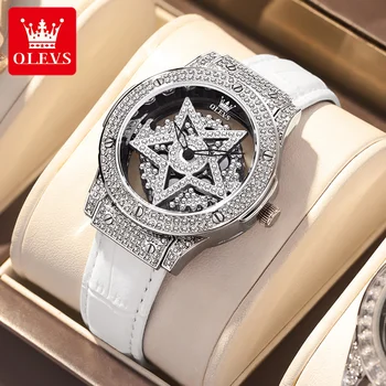 Роскошные женские наручные часы OLEVS, водонепроницаемые женские кварцевые часы с бриллиантами, модные женские часы с ремешком из натуральной кожи