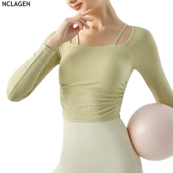Рубашки с длинным рукавом для йоги NCLAGEN, женская осенне-зимняя футболка с полуприлегающей чашкой на тонком плечевом ремне, облегающий сексуальный дышащий топ для тренажерного зала