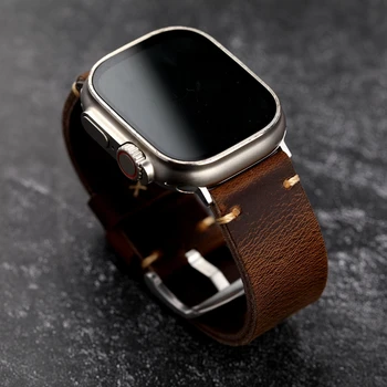 Ручной работы, чтобы соответствовать Apple Watch Ultra8 Head Кожаный ремешок для часов Коричневая головка из телячьей кожи 49 мм 45 мм Мужской винтажный браслет в стиле крутого парня