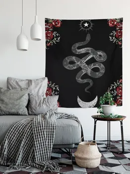 Символ Луны и змей - Черно-белые - Красные розы - Гобелен, висящий на стене, Медитация, йога, хиппи