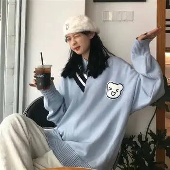 Синий свитер Kawaii Bear, Женский Корейский модный Милый джемпер, женский зимний пуловер в стиле пэчворк Оверсайз, трикотаж