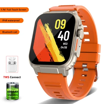 Смарт-часы с Bluetooth-вызовом, мужские смарт-часы с 1,96-дюймовым сверхбольшим экраном, спортивный браслет, большая батарея емкостью 600 мАч, Локальное подключение музыки, TWS Smartwatch