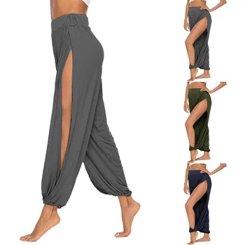 Стрейчевые брюки для занятий йогой с высоким разрезом для отдыха, однотонные женские брюки для бега, женские брюки для йоги