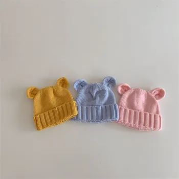 Теплая шапочка для новорожденных, модная шапка с заячьими ушками с мультяшным мишкой Каваи для маленьких мальчиков и девочек, осенне-зимняя вязаная шапочка, теплая шапочка