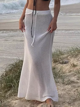 Трикотажные однотонные женские Макси-юбки 2023, плиссированная длинная юбка трапециевидной формы на шнуровке с эластичным поясом, женская мода, повседневные женские платья Осень