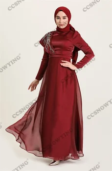 Тюлевые аппликации, вышитые бисером Мусульманские вечерние платья С длинным рукавом, Исламские вечерние платья с высоким воротом, женские Арабские вечерние платья