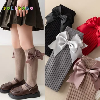 Хлопчатобумажные носки до колена для маленькой девочки, весенне-осенние носки для девочек с бантиком, школьная форма для детей 3-10 лет, повседневная одежда для вечеринок